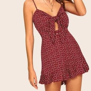 Heart Print Ruffle Hem Knotted Peekaboo Romper
